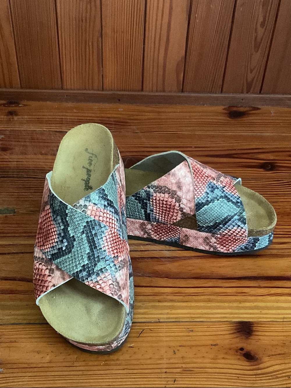 Free People CANDY SNAKE Coral, Grey & Black Snakeskin Slide Platforms